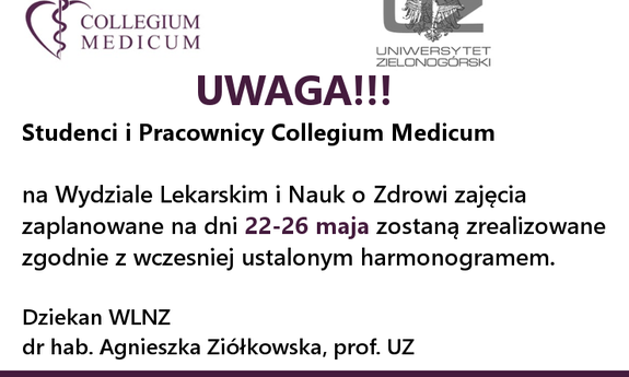 UWAGA!!! Zajęcia 22-26 maja w CM odbywają się według harmonogramu