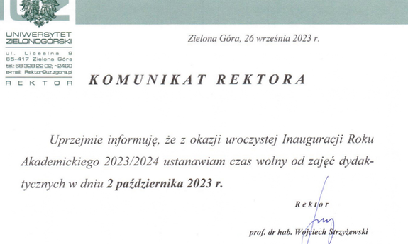 Czas wolny od zajęć dydaktycznych w dniu 02 października 2023