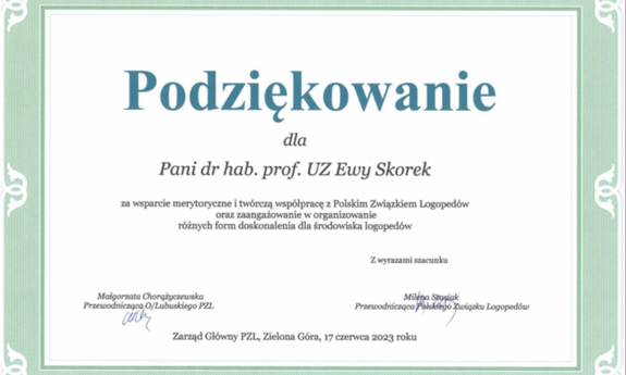 Podziękowanie dla dr hab. Ewa M. Skorek, prof. UZ